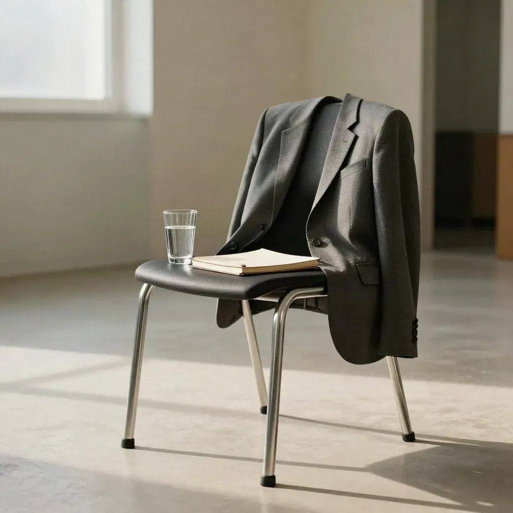 Leerer Interviewraum mit Stuhl, Blazer, Wasserglas und geschlossenem Notizbuch im Morgenlicht