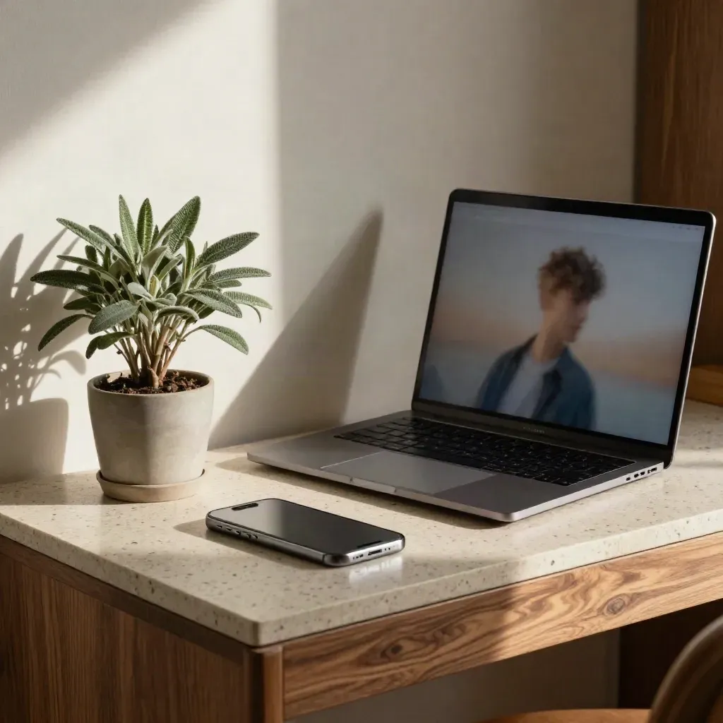 Offenes Laptop, unscharfer Profil-Screen, Handy und kleine Pflanze im warmen Nachmittagslicht
