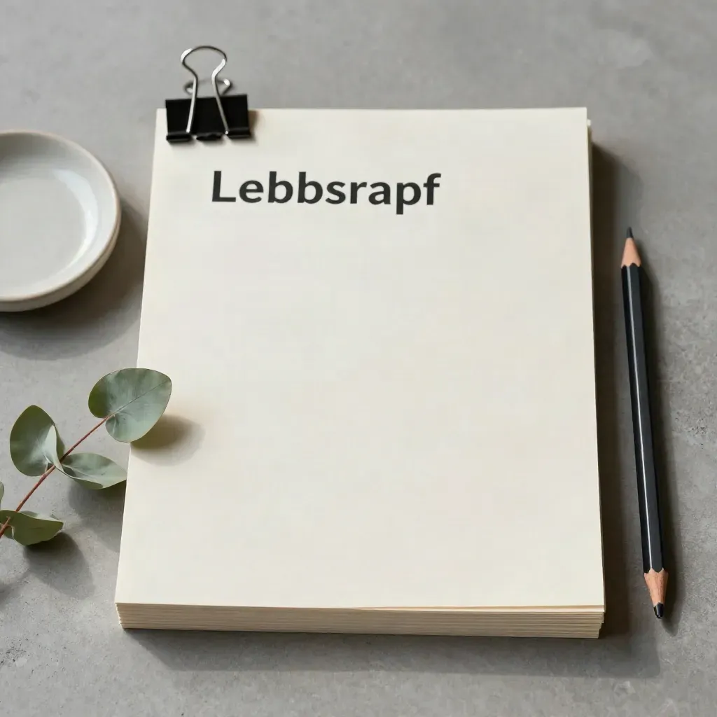 Lebenslauf-Stillleben mit Papierstapel, Bleistift, Schale und Eukalyptus auf Beton.